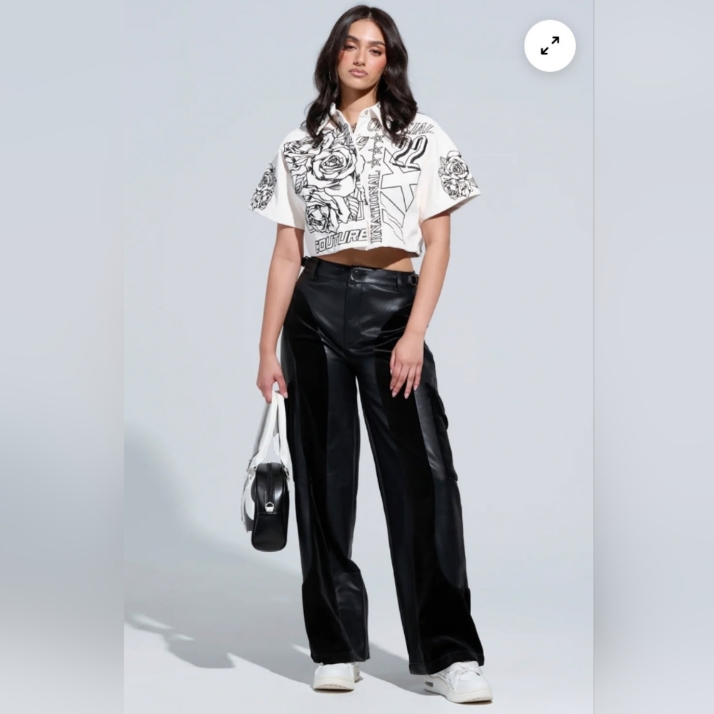 Women's AKIRA Black Faux Leather Velvet Panel Pants Size XL